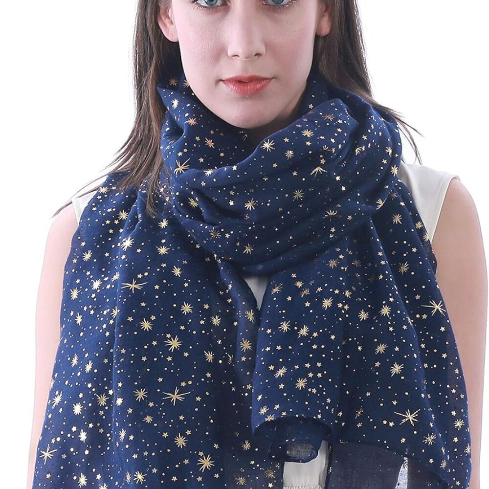 Silver Gold Glitter Shimmer Sparkle Foil Star Print Women's Scarf Shawl Wrap Lig